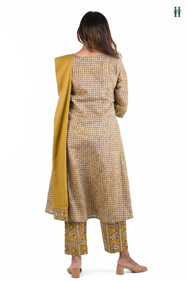 Split Neck Floral Design Brown Cotton Salwar Set