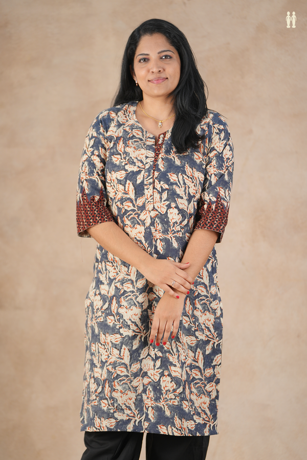 Split Neck Floral Design Charcoal Grey Cotton Long Kurta