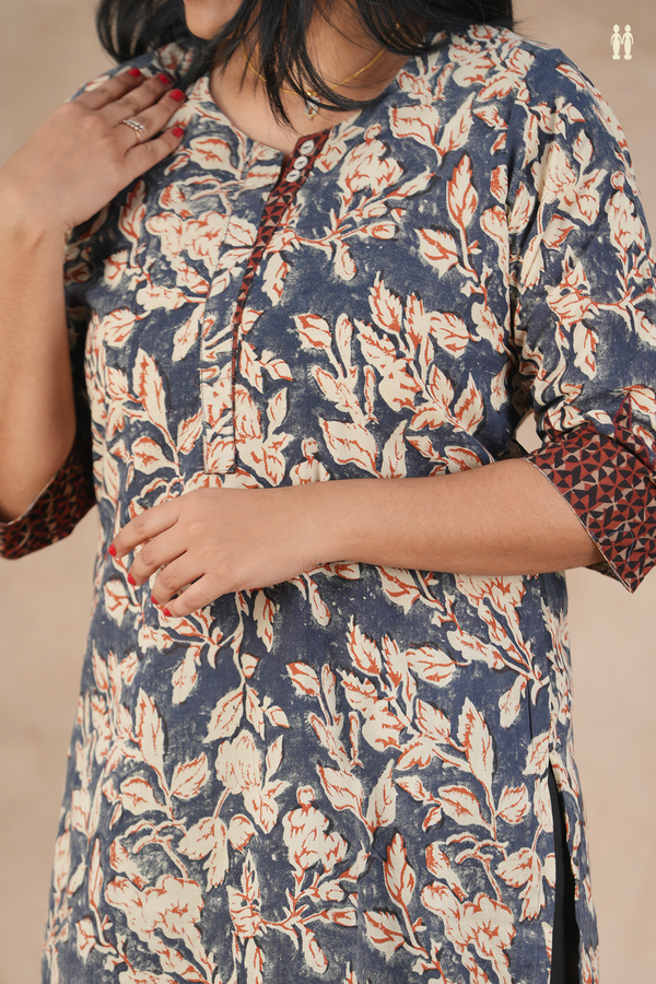 Split Neck Floral Design Charcoal Grey Cotton Long Kurta