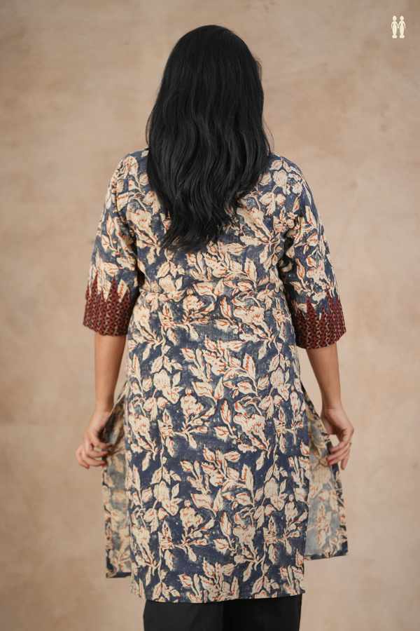 Split Neck Floral Design Charcoal Grey Cotton Long Kurta