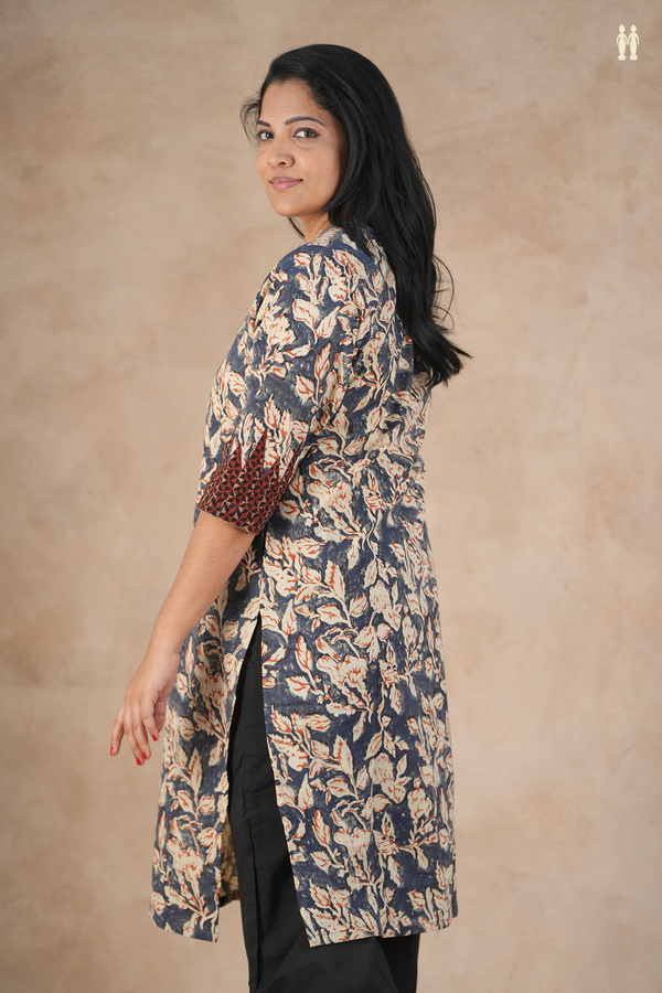 Split Neck Floral Design Charcoal Grey Cotton Long Kurta