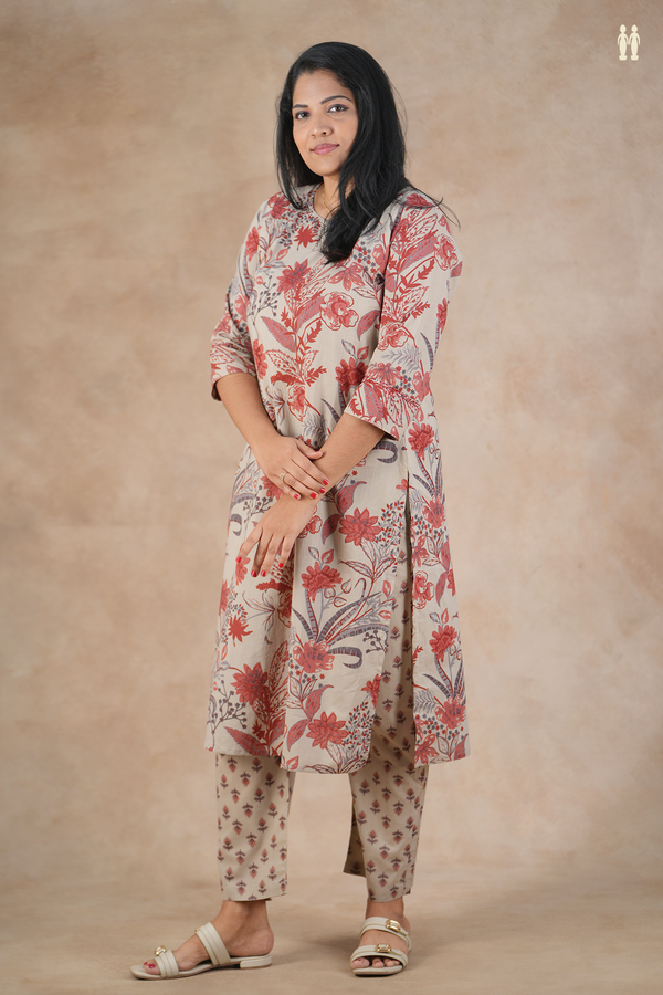 Split Neck Floral Design Dusty Brown Cotton Salwar Set