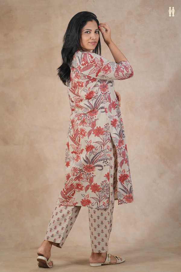 Split Neck Floral Design Dusty Brown Cotton Salwar Set