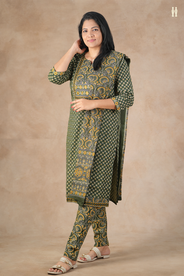 Split Neck Floral Design Forest Green Cotton Salwar Set