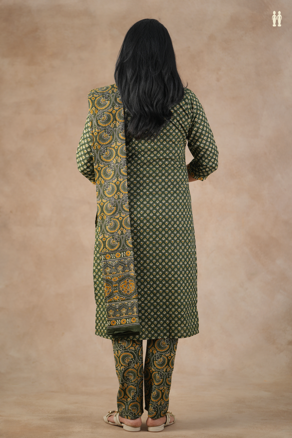 Split Neck Floral Design Forest Green Cotton Salwar Set
