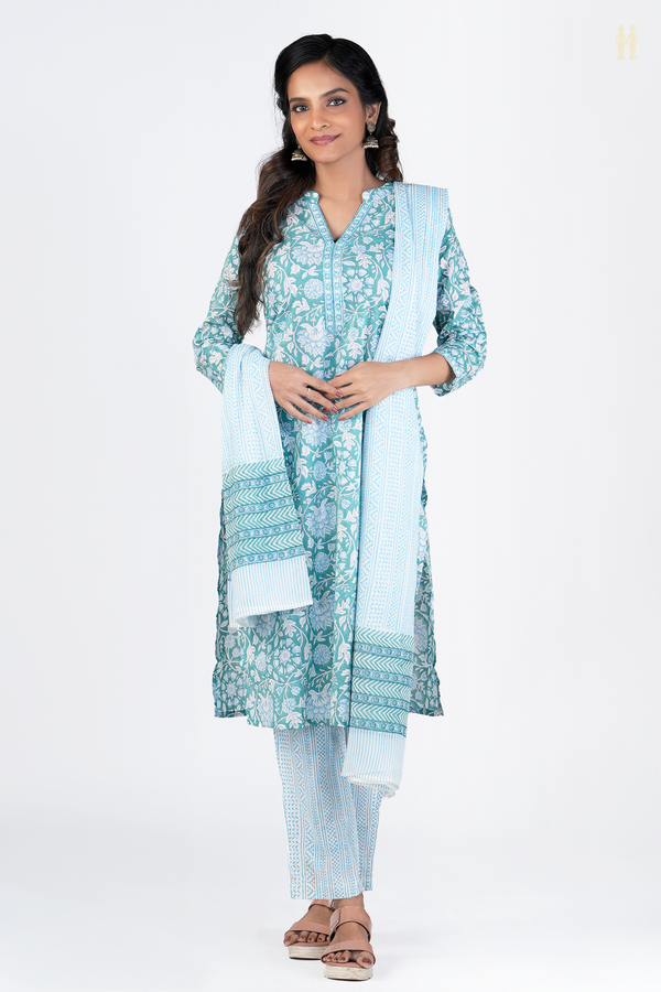 Split Neck Floral Design Green Printed Cotton Salwar Set
