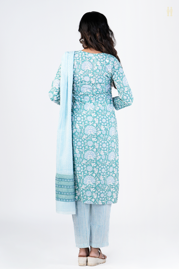 Split Neck Floral Design Green Printed Cotton Salwar Set