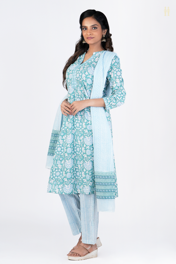 Split Neck Floral Design Green Printed Cotton Salwar Set