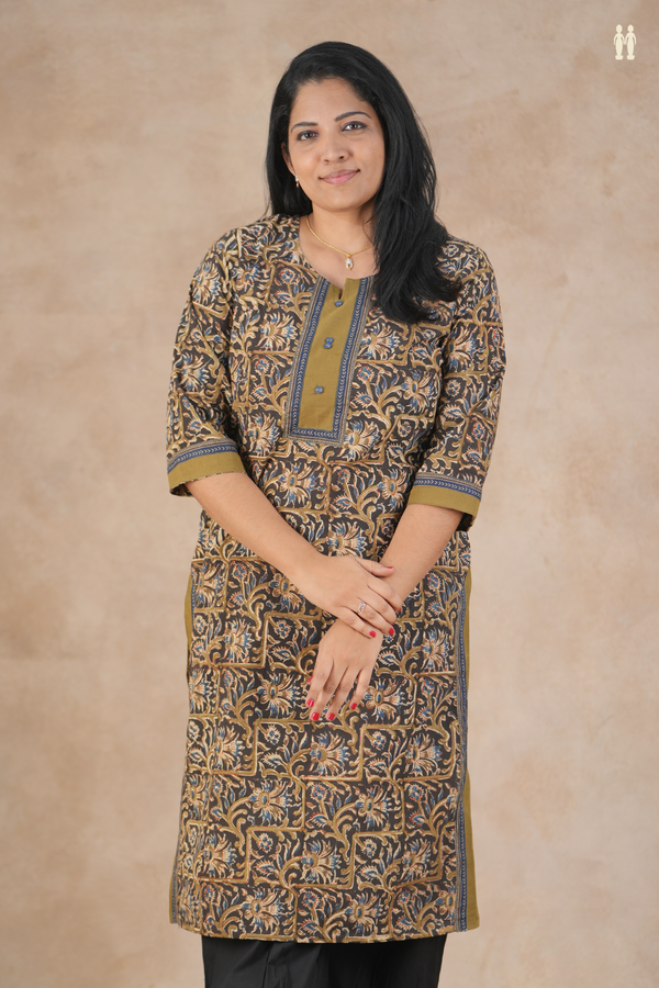 Split Neck Floral Design Olive Green Cotton Long Kurta