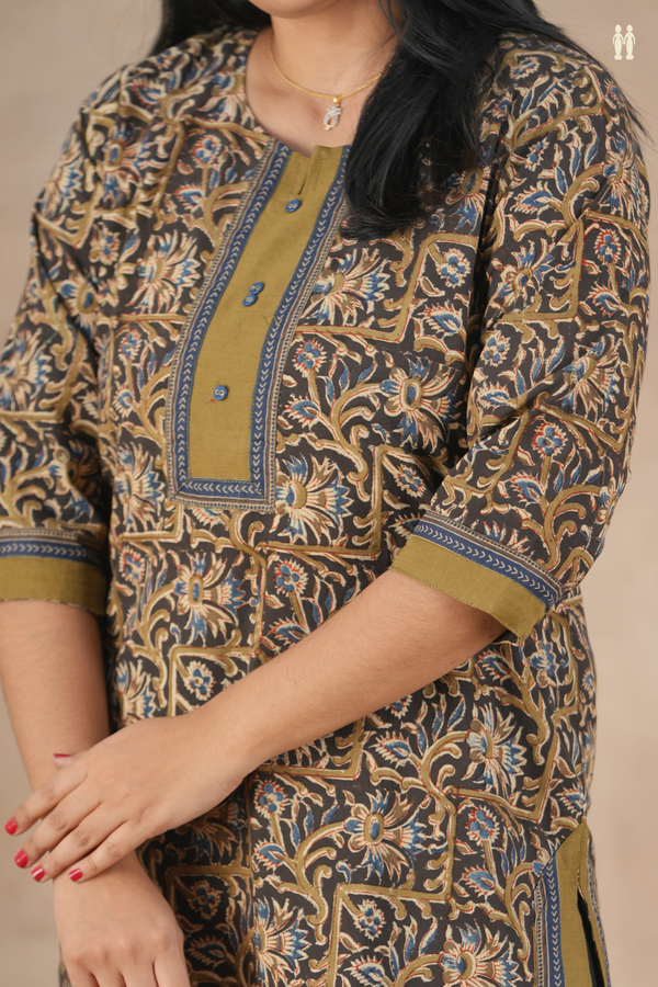 Split Neck Floral Design Olive Green Cotton Long Kurta