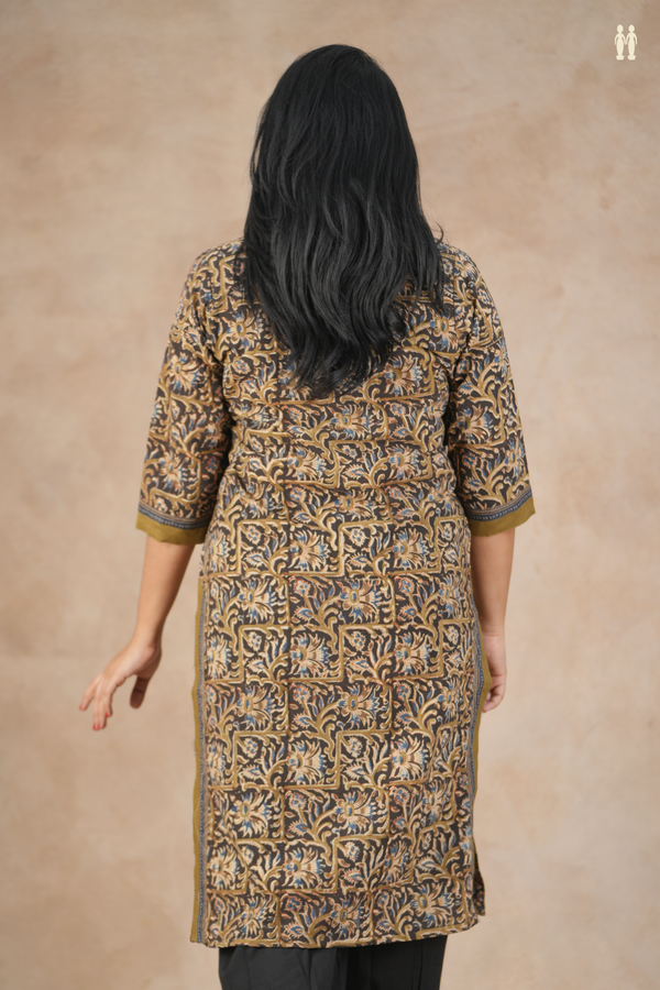 Split Neck Floral Design Olive Green Cotton Long Kurta