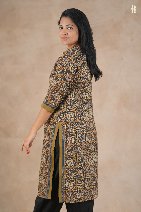 Split Neck Floral Design Olive Green Cotton Long Kurta