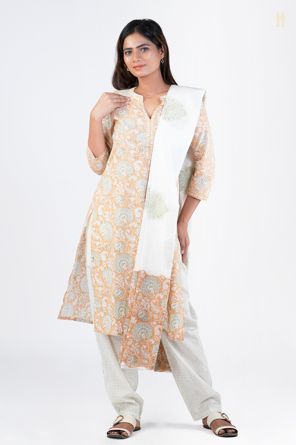 Split Neck Floral Design Orange Printed Cotton Salwar Set