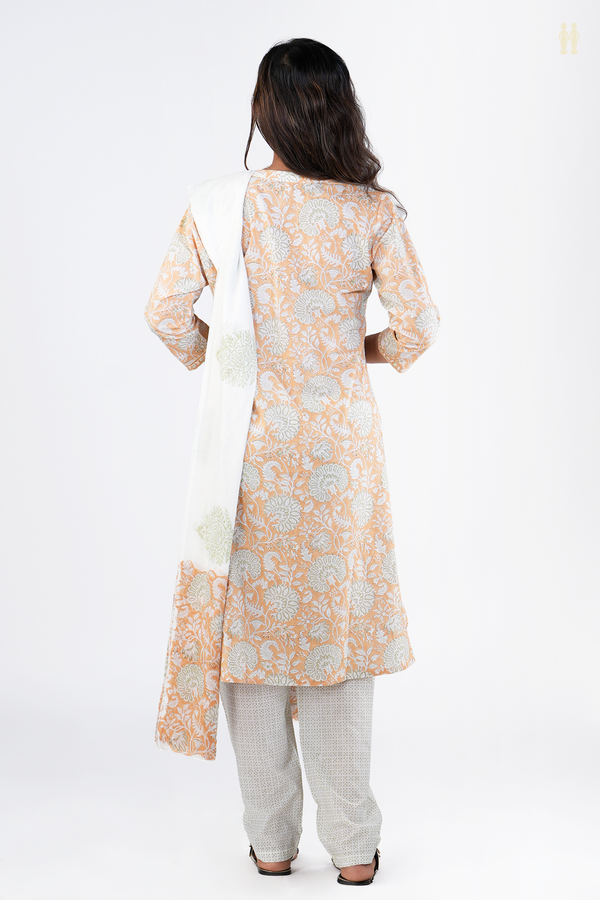 Split Neck Floral Design Orange Printed Cotton Salwar Set