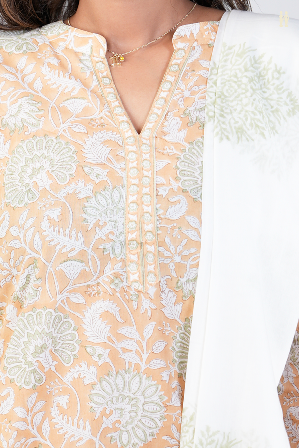 Split Neck Floral Design Orange Printed Cotton Salwar Set