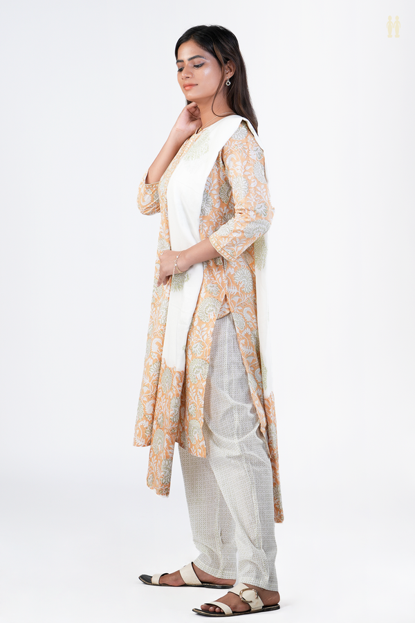 Split Neck Floral Design Orange Printed Cotton Salwar Set