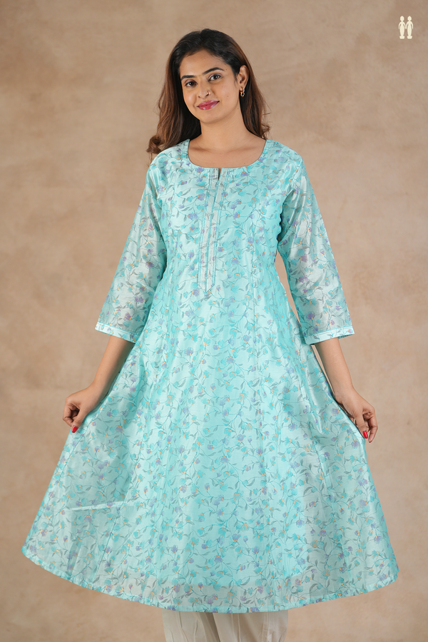 Split Neck Floral Design Pastel Blue Silk Cotton Long Kurta