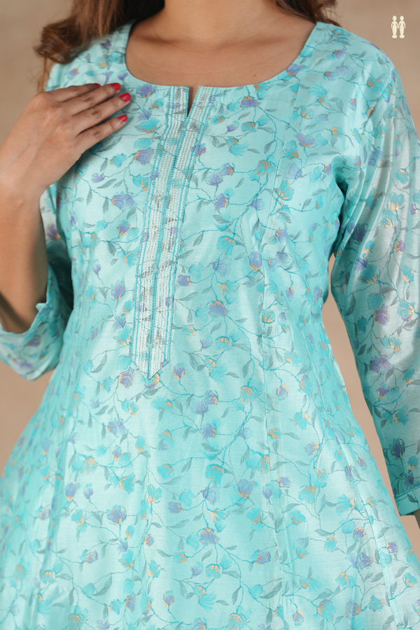 Split Neck Floral Design Pastel Blue Silk Cotton Long Kurta