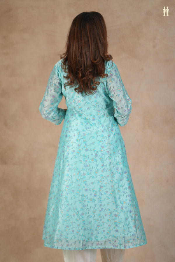Split Neck Floral Design Pastel Blue Silk Cotton Long Kurta