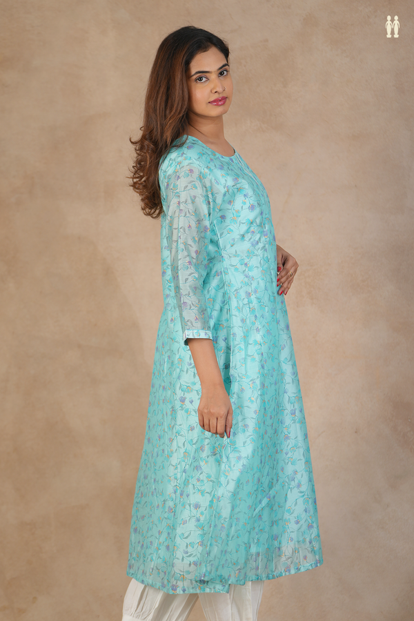 Split Neck Floral Design Pastel Blue Silk Cotton Long Kurta
