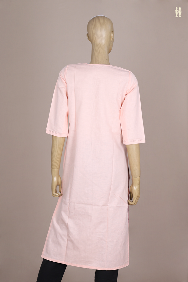 Split Neck Floral Design Peach Pink Linen Long Kurta