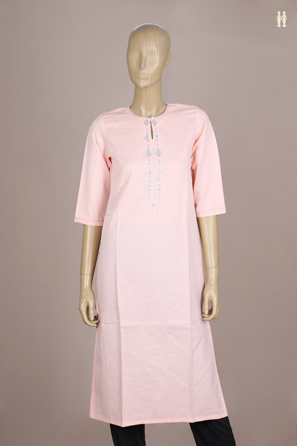 Split Neck Floral Design Peach Pink Linen Long Kurta