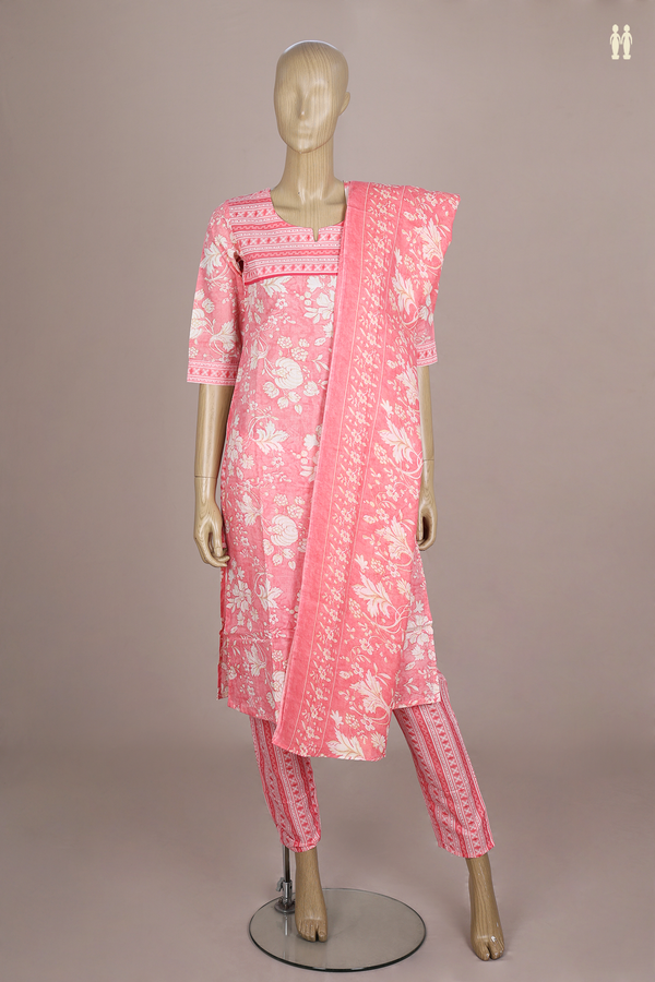 Split Neck Floral Design Pink Cotton Salwar Set