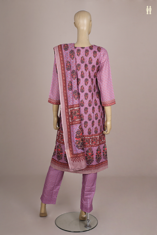 Split Neck Floral Design Purple Semi Silk Salwar Set