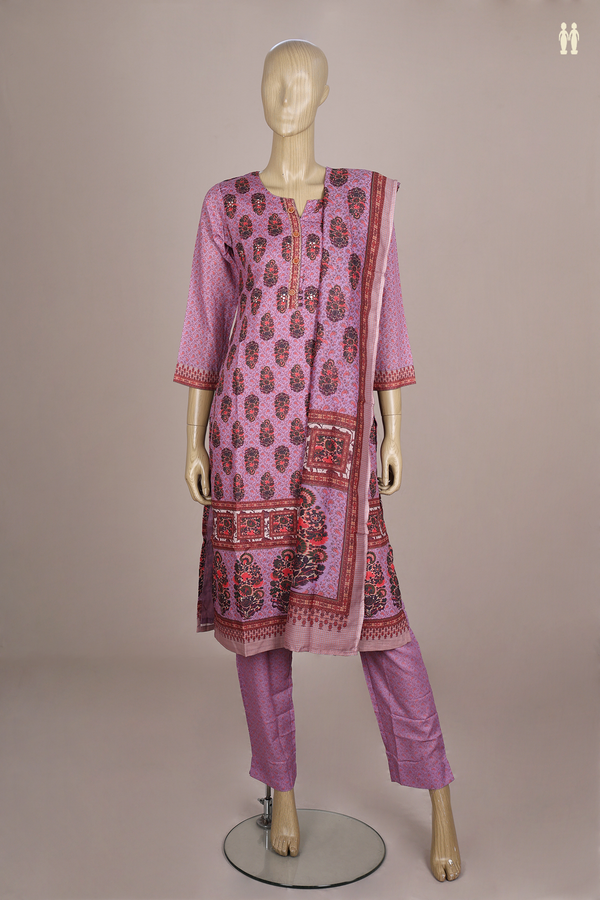 Split Neck Floral Design Purple Semi Silk Salwar Set