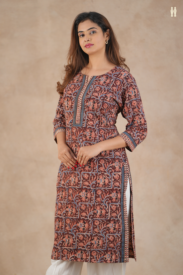 Split Neck Floral Design Red Kalamkari Cotton Long Kurta