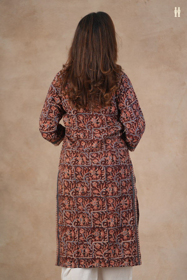 Split Neck Floral Design Red Kalamkari Cotton Long Kurta