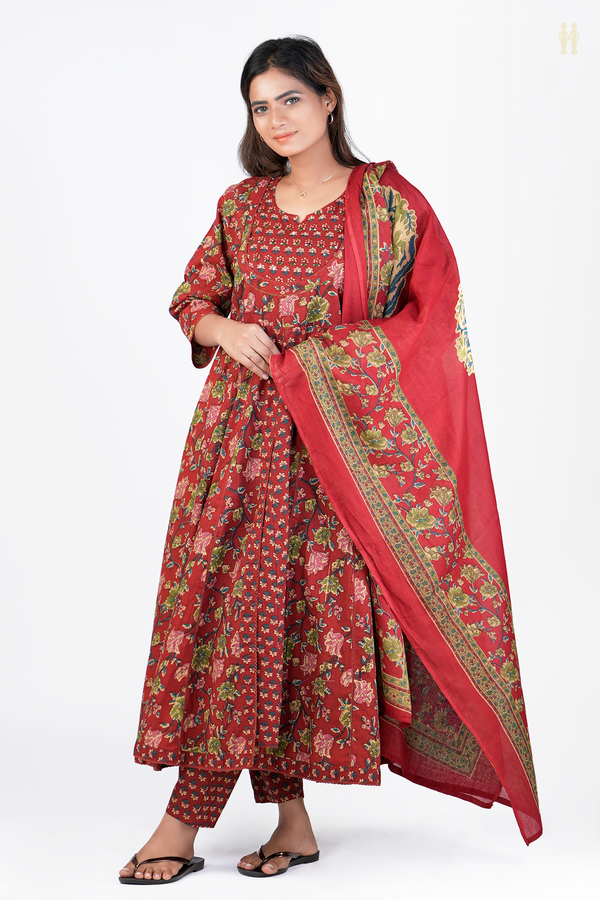 Split Neck Floral Design Red Printed Cotton Salwar Set
