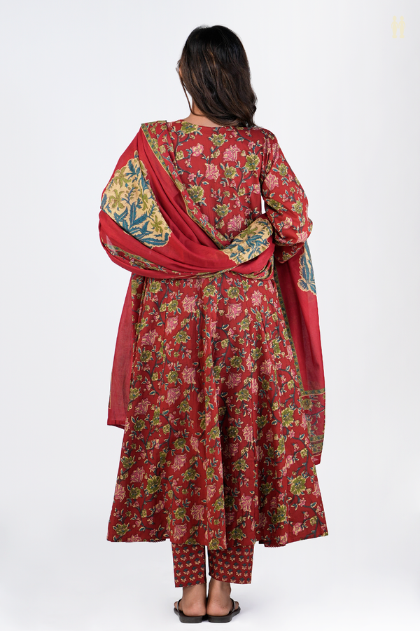 Split Neck Floral Design Red Printed Cotton Salwar Set