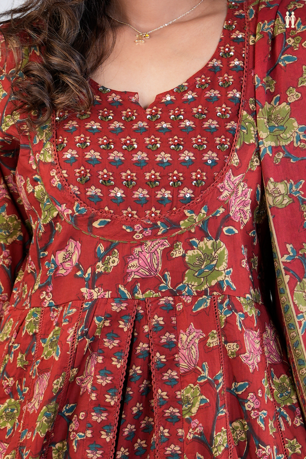 Split Neck Floral Design Red Printed Cotton Salwar Set