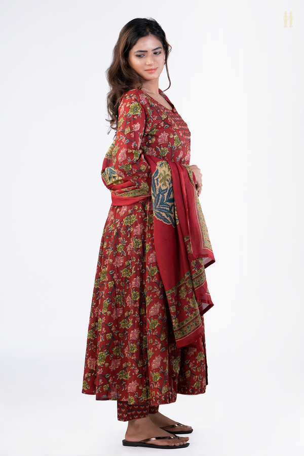 Split Neck Floral Design Red Printed Cotton Salwar Set