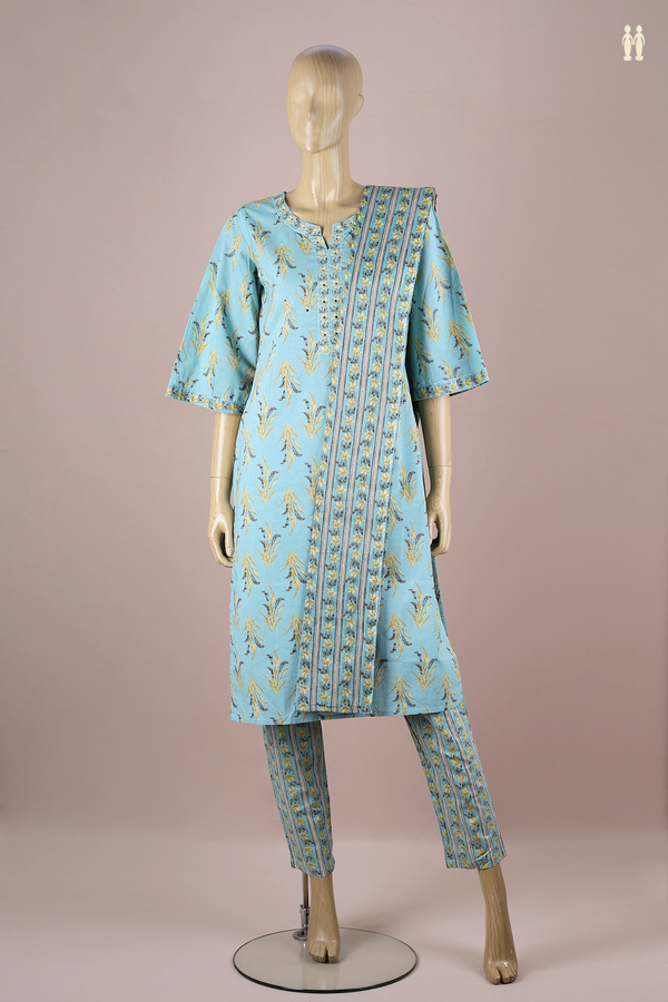 Split Neck Printed Design Turkish Blue Cotton Salwar Set