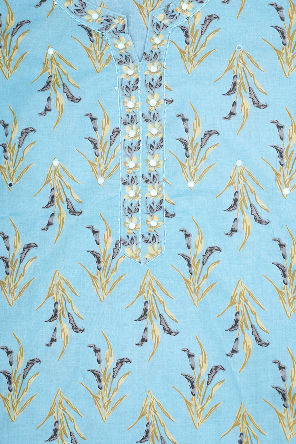 Split Neck Printed Design Turkish Blue Cotton Salwar Set