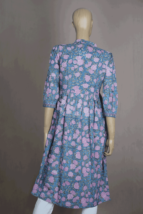 Split Neck Floral Design Turkish Blue Jaipur Cotton Long Kurta
