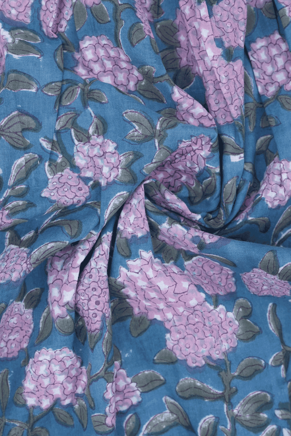 Split Neck Floral Design Turkish Blue Jaipur Cotton Long Kurta