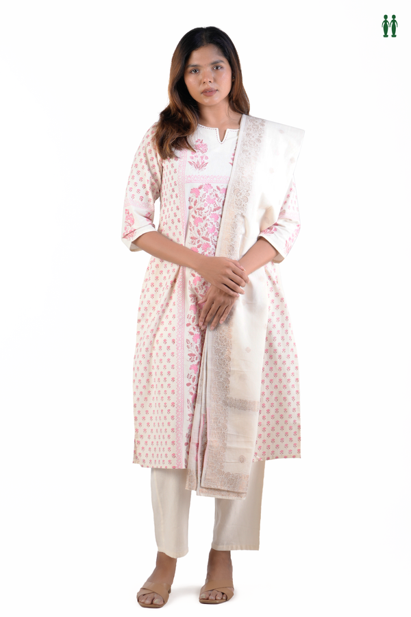 Split Neck Floral Design White Cotton Salwar Set
