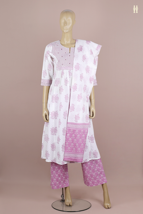 Split Neck Floral Design White Cotton Salwar Set