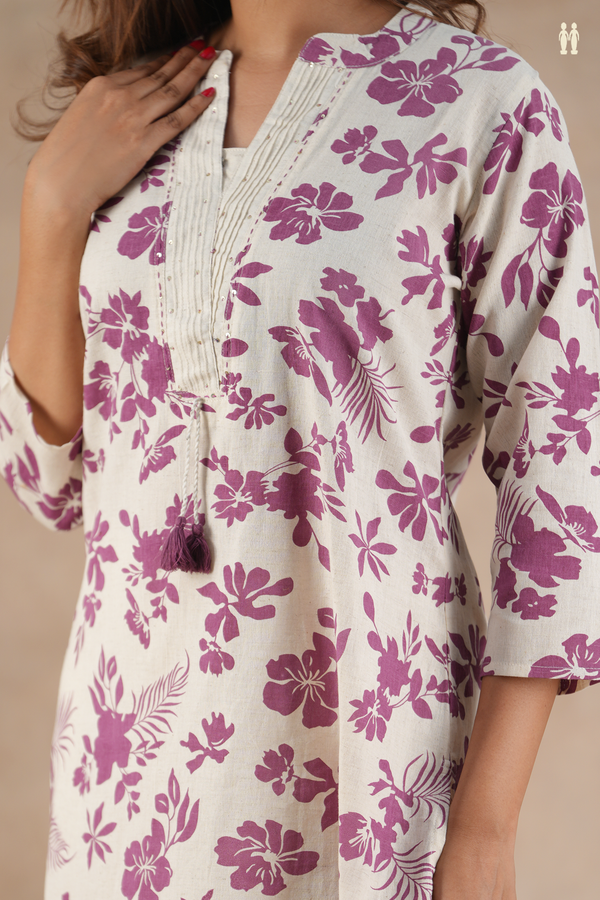 Mandarin Neck Floral Design White Cotton Salwar Set