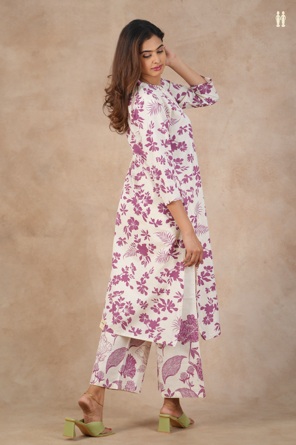 Mandarin Neck Floral Design White Cotton Salwar Set