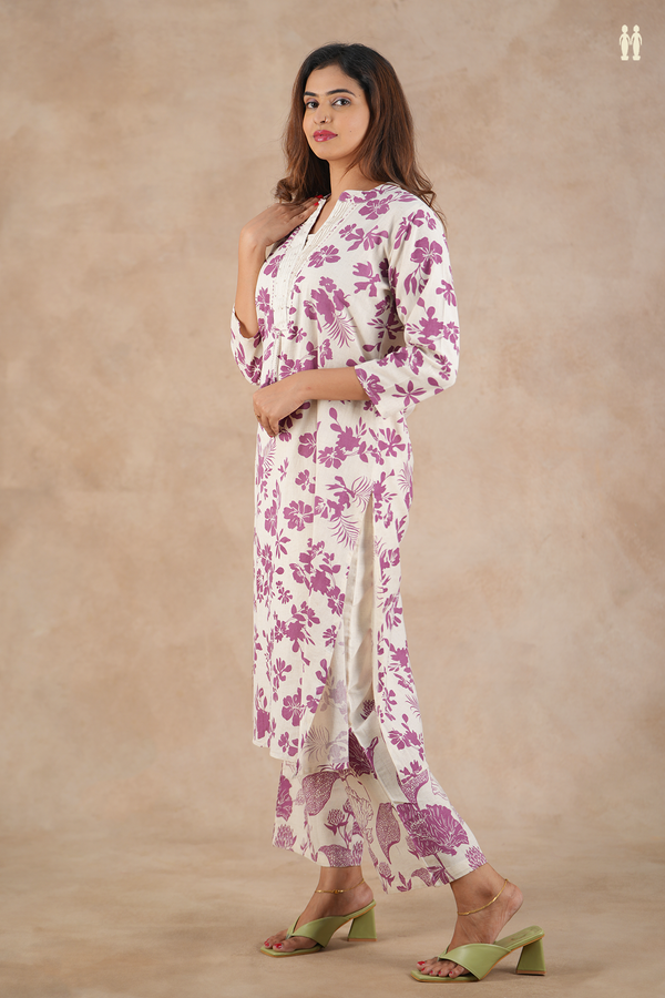 Mandarin Neck Floral Design White Cotton Salwar Set