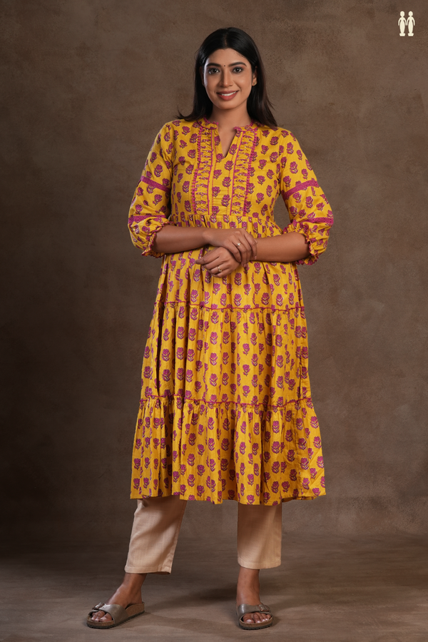 Split Neck Floral Design Yellow Cotton Long Kurta