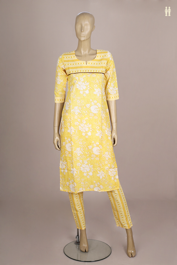 Split Neck Floral Design Yellow Cotton Salwar Set