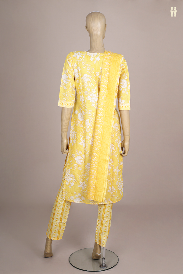 Split Neck Floral Design Yellow Cotton Salwar Set