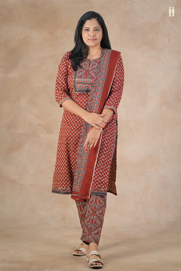 Split Neck Floral Printed Maroon Cotton Salwar Set