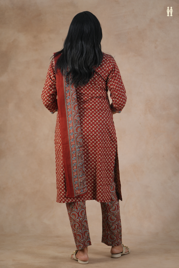 Split Neck Floral Printed Maroon Cotton Salwar Set
