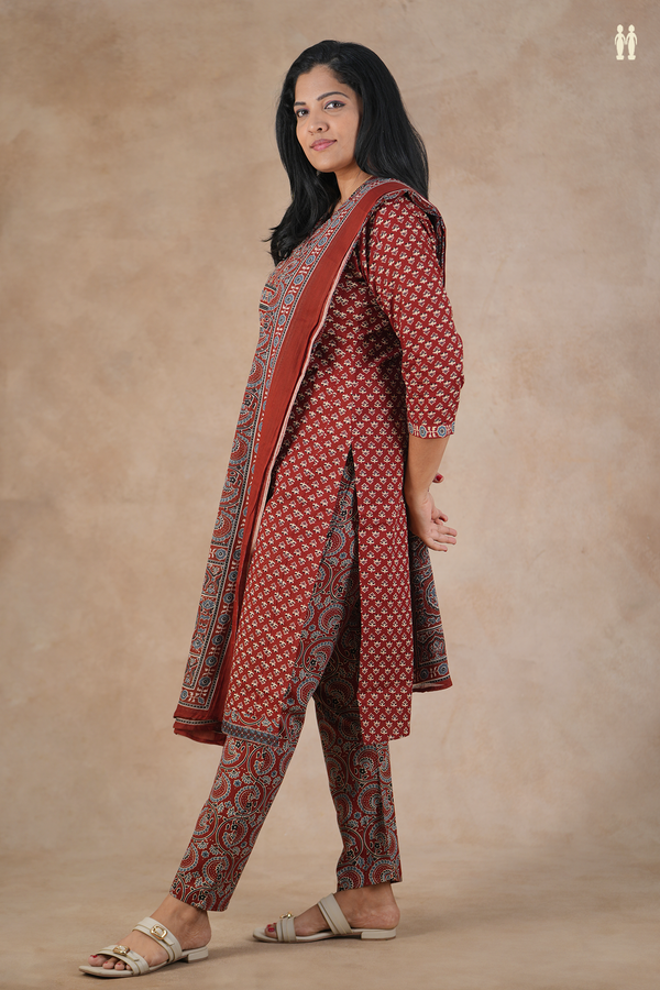 Split Neck Floral Printed Maroon Cotton Salwar Set